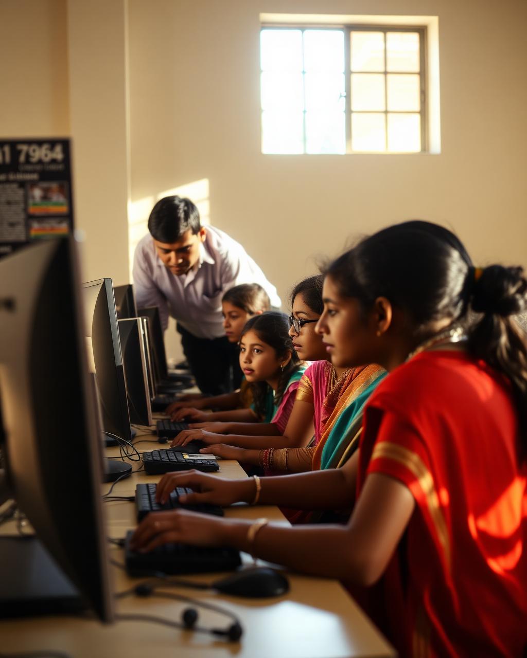 Students learning at computers with a trainer
