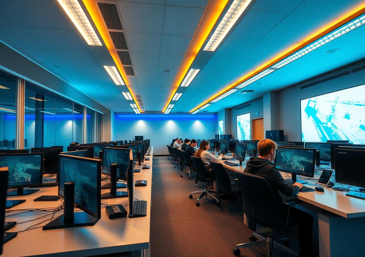 Computer lab with rows of desktops