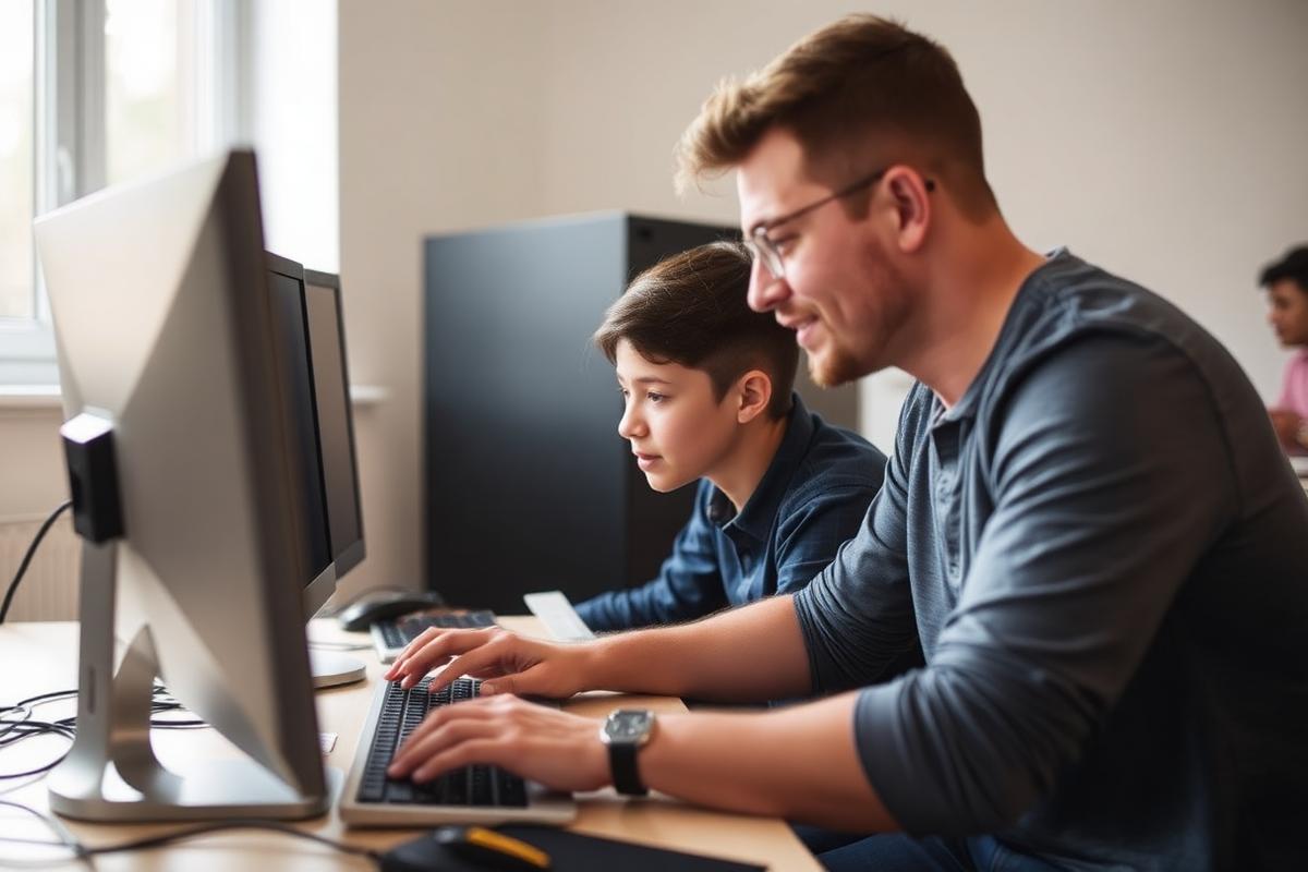 Trainer guiding a student during a workshop